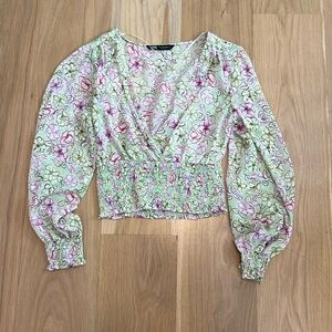 Lightweight green float long sleeve floral Zara top